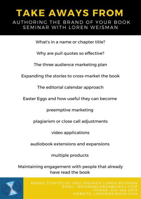 Authoring the brand of your book, take aways, loren weisman, keynote speaker