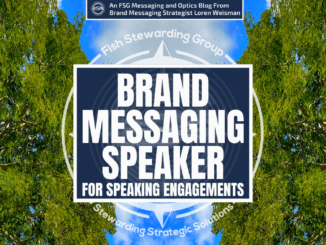 A featured image graphic with two trees on each side and sky in the middle with the title that readds "brand messaging speaker."