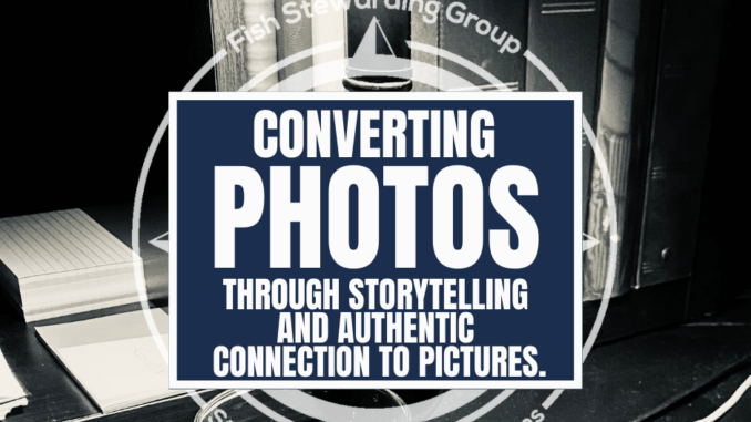 A featured graphic with a black and white background, with a lamp, books and a wine glass and a white centered title that reads Converting photos through storytelling and authentic connection to pictures. Above is the FSG Logo as well as a center text that reads Brand Messaging Strategist Loren Weisman.