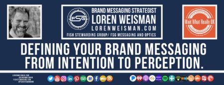 A footer graphic with a blue background and a white centered title that reads Defining your brand messaging from intention to perception. The Wait What Really OK Logo as well as a center text that reads Brand Messaging Strategist Loren Weisman with and FSG logo and other text. Beneath the title image are some social media and podcast icons.