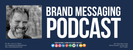 A footer graphic with a blue background and a white centered title that reads Brand Messaging Podcast. Above are images of Loren Weisman, The Wait What Really OK Logo as well as a center text that reads Brand Messaging Strategist Loren Weisman with and FSG logo and other text. Beneath the title image are some social media and podcast icons.