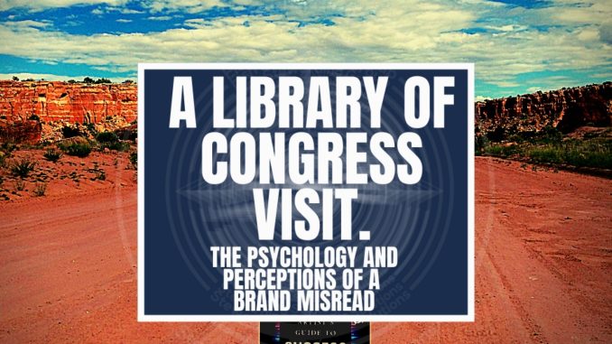 Featured Image graphic for the Library of Congress Visit. A featured graphic with a long sandy road with some tan hills in the background in New Mexico. Then, in the middle, a blue rectangle in the center with a white border around it with white text that reads A Library of Congress Visit. Above is the FSG Logo as well as a center text that reads Brand Messaging Strategist Loren Weisman. The blue rectangle is surrounded by a white Fish Stewarding Group logo watermark.
