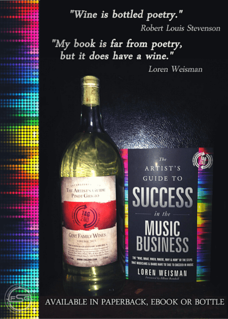 A picture of The book, the artists guide to success in the music business sitting next to an artists guide to success white wine bottle with text above it.