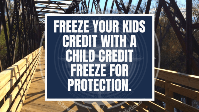 freeze your kids credit, child credit freeze for protection text over graphics