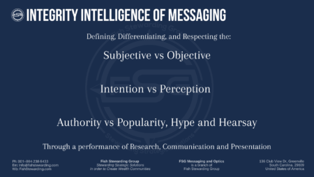 A blue graphic titled Integrity intelligence of messaging with a lot of text and the focus point being Subjective vs objective. The background has an FSG logo watermark.