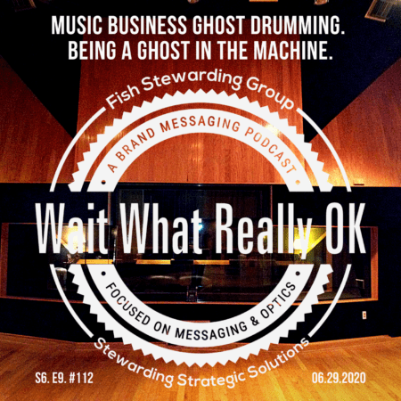 A podcast cover with the Wait What Really OK logo in the front with the text above it that reads Music Business Ghost Drumming. Being a Ghost in the Machine. In the background, it is a recording studio. 