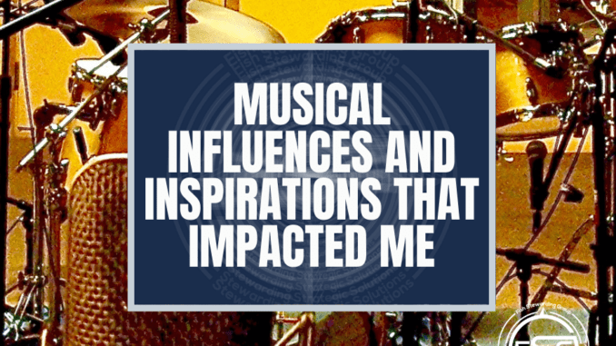 musical influences and inspirations, loren weisman, fsg mesaging and optics, fish stewarding group text over image of a drumset with microphones on it.