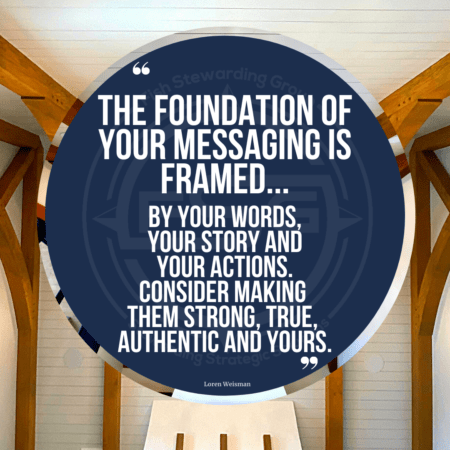 A quote graphic of a ceiling with wood beams. In upper center is a blue circle with and FSG logo watermark and a quote in white text that is credited to Loren Weisman in a small font on the bottom and in the center reads, “The foundation of your messaging is framed by your words, your story and your actions. Consider making them strong, true, authentic and yours.”