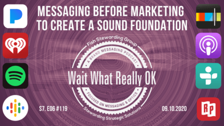 Messaging comes before marketing graphic with a purple background, the podcast social icons and the episode cover in the center.