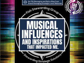 A featured graphic with the outline of the artists guide to success book cover in the background and a blue rectangle in the center with a white border around it with white text that reads Musical influences and inspirations that impacted me. Above is the FSG Logo as well as a center text that reads Brand Messaging Strategist Loren Weisman. The blue rectangle is surrounded by a white Fish Stewarding Group logo watermark.