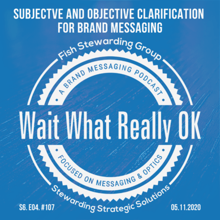 A Podcast Episode graphic with a light blue background, the Wait What Really OK logo in the center and the title above that reads subjective and objective clarification for brand messaging.