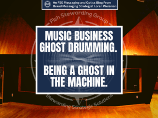 A featured image with a background of a tan wood walled recording studio with a title in the center that reads music business ghost drumming. Being a ghost in the machine.