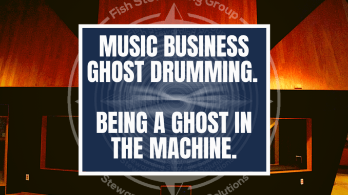 A featured image with a background of a tan wood walled recording studio with a title in the center that reads music business ghost drumming. Being a ghost in the machine.