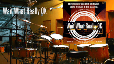 An image with a drumset in a large room with the text Wait What Really OK and the cover graphic of the Wait What Really OK in the right upper corner.