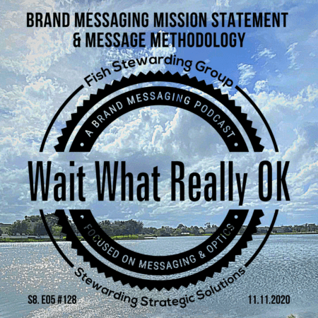 An image of a lake and sky with the wait what really ok logo and the text above it reading brand messaging missions statement.