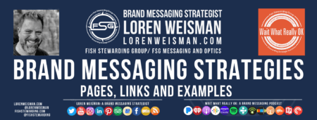 An archives tag graphic with the center text that reads "brand messaging strategies" with additional text, the fsg logo, an image of Loren Weisman as well as some social media links.