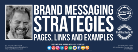 A header graphic in blue with the title that reads "brand messaging strategies" surrounded by an image of Loren Weisman.