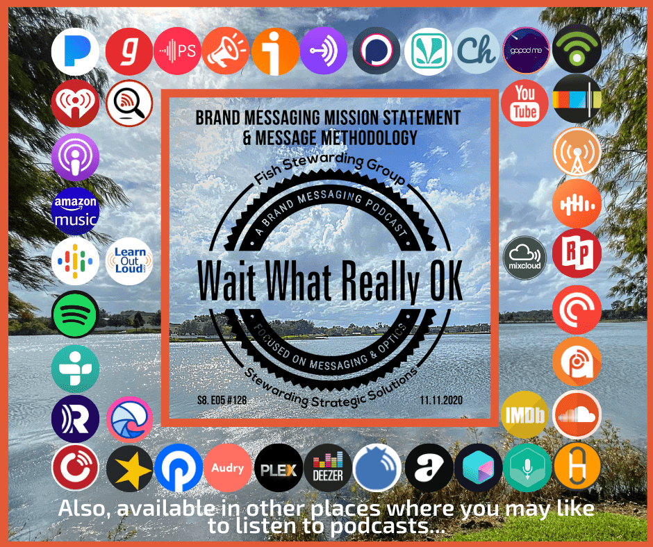 An image with water and sky in the background with social media icons surrounding the wait what really ok logo and text reading brand messaging mission statement.