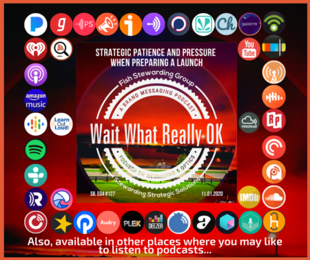 Main text shows the Strategic patience and pressure when preparing a launch episode graphic. The rest of the image has icons of different podcast sites where the show is available and it is on the red sunrise background of the other pictures. 