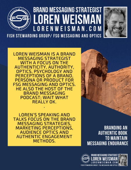 branding an authentic book speaker introduction in yellow, with the rock formation in the background in blue and a picture of loren weisman