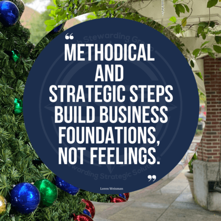 An image of downtown Winter Garden, Florida with a Christmas Tree on the left and a small seating area on the right in the down town area with a blue circle in the middle and the quote that reads methodical and strategic steps build business foundations, not feelings.