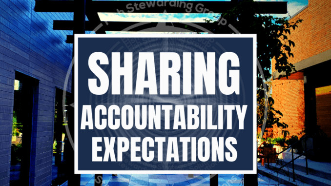 An image with the title sharing accountability expectations in the center placed around a stone tile walk way and in between two buildings.