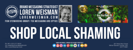 A header graphic with the title that reads shop local shaming as well as an image of Loren Weisman, the FSG logo and some social media icons.