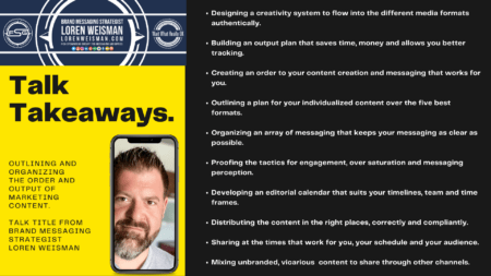 A talk takeaways graphic with an image of Loren Weisman, the FSG logo as well as a great deal of text listing out the takeaways from the Loren Weisman talk title. 