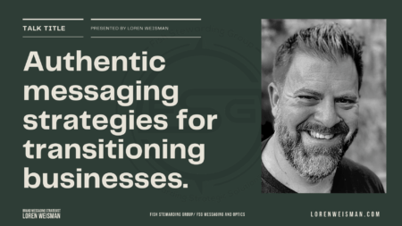 An image of the first page of a talk title graphic that reads authentic messaging strategies for transitioning businesses, as well as an image of Loren Weisman