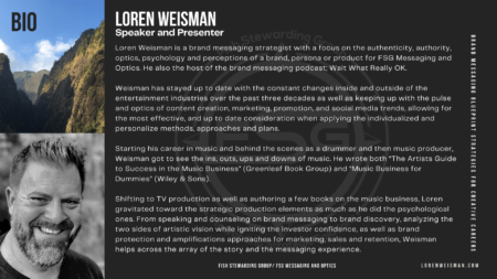 Talk Title Bio graphic with mountains from Maui on the left side, an image of Loren Weisman below it and the text Loren Weisman Speaker on the left with a watermark of the FSG logo. 