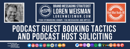 A footer graphic with a blue background and a white centered title that reads Podcast guest booking tactics and podcast host soliciting and images of Loren Weisman, The Wait What Really OK Logo as well as a center text that reads Brand Messaging Strategist Loren Weisman with and FSG logo and other text. Beneath the title image are some social media and podcast icons.