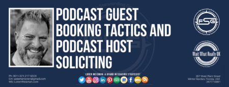 A header graphic with a blue background and a white centered title that reads Podcast guest booking tactics and podcast host soliciting. To the left side is an image of Loren Weisman, to the right of the text is the Wait What Really OK Logo as well as the Fish Stewarding Group Logo. On the bottom of the image reads the text "Loren Weisman: A brand messaging strategist with ten social media icons below it.