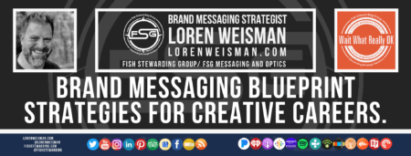 A footer graphic with a brown background and a white centered title that reads brand messaging blueprint strategies. Above are images of Loren Weisman, The Wait What Really OK Logo as well as a center text that reads Brand Messaging Strategist Loren Weisman with and FSG logo and other text. Beneath the title image are some social media and podcast icons.