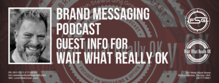 A header graphic with a text title that reads brand messaging podcast guest info for wait what really ok on a dark orange background with watermarks of the Wait What Really OK logo in the background as well as an image of Loren Weisman and the FSG logo too. 