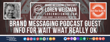 A footer graphic with a dark orange background and a white centered title that reads Brand Messaging Podcast Guest info for Wait Whaat Really OK. Above are images of Loren Weisman, The Wait What Really OK Logo as well as a center text that reads Brand Messaging Strategist Loren Weisman with and FSG logo and other text. Beneath the title image are some social media and podcast icons.