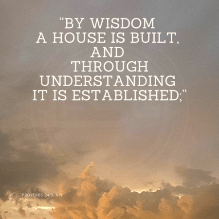 A quote graphic with a background a dark tan sky with clouds on the bottom. In upper center is an FSG logo watermark and a quote in white text that is credited to Proverbs 24:3 NIV in a small font on the bottom and in the upper center reads, “By wisdom a house is built, and through understanding it is established;” from the Strategic messaging and optics quotes blog.