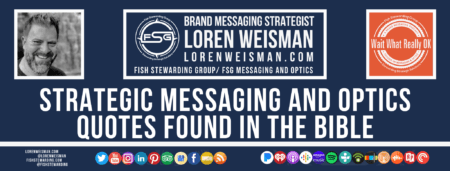 A footer graphic with a blue background and a white centered title that reads Strategic messaging and optics quotes found in the bible and images of Loren Weisman, The Wait What Really OK Logo as well as a center text that reads Brand Messaging Strategist Loren Weisman with and FSG logo and other text. Beneath the title image are some social media and podcast icons.