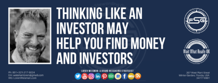 A header graphic with a blue background and a white centered title that reads Thinking like an investor may help you find money and investors. To the left side is an image of Loren Weisman, to the right of the text is the Wait What Really OK Logo as well as the Fish Stewarding Group Logo. On the bottom of the image reads the text "Loren Weisman: A brand messaging strategist with ten social media icons below it. 