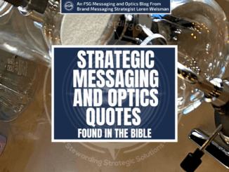 A featured graphic with a marble counter with different glasses and carafes from a coffee shop on it. Then, in the middle, a blue rectangle in the center with a white border around it with white text that reads Strategic messaging and optics quotes found in the bible. Above is the FSG Logo as well as a center text that reads Brand Messaging Strategist Loren Weisman. The blue rectangle is surrounded by a white Fish Stewarding Group logo watermark.