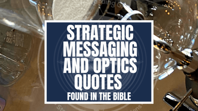 A featured graphic with a marble counter with different glasses and carafes from a coffee shop on it. Then, in the middle, a blue rectangle in the center with a white border around it with white text that reads Strategic messaging and optics quotes found in the bible. Above is the FSG Logo as well as a center text that reads Brand Messaging Strategist Loren Weisman. The blue rectangle is surrounded by a white Fish Stewarding Group logo watermark.