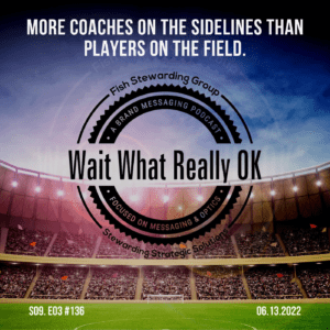 A Wait What Really OK Podcast Cover Graphic with the Wait What Really OK logo in black in the middle with a background of a soccer stadium, the field and a sunset sky on the top. In text, it reads More Coaches on the sidelines that players on the field. On the bottom, are the episode number and date information.