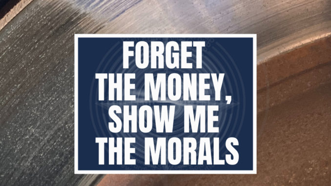 A featured graphic with a series of different colors and sparkles in the background. Then in the middle, a blue rectangle in the center with a white border around it with white text that reads Forget the money show me the morals.” Above is the FSG Logo as well as a center text that reads Brand Messaging Strategist Loren Weisman. The blue rectangle is surrounded by a white Fish Stewarding Group logo watermark.