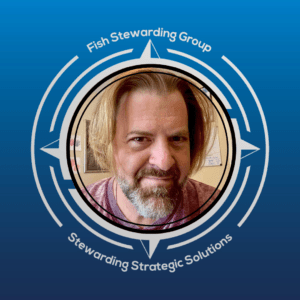 An image of Loren Weisman in the middle of a Fish Stewarding Group logo with a blue background.