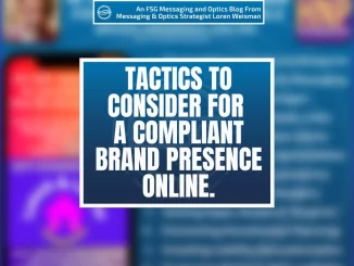Featured blog image with a background that is blurry of the image with all the bulletppoints on it that are listed in the image at the bottom of the blog. In the center, it reads Tactics to consider for a compliant brand presence online. With a white border around it.