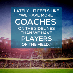 An image of a soccer stadium in the background at sunset with the field, , the crown, the sky and a quote in the middle that reads: Lately, it feeling like We have more coaches on the sidelines than players on the field.