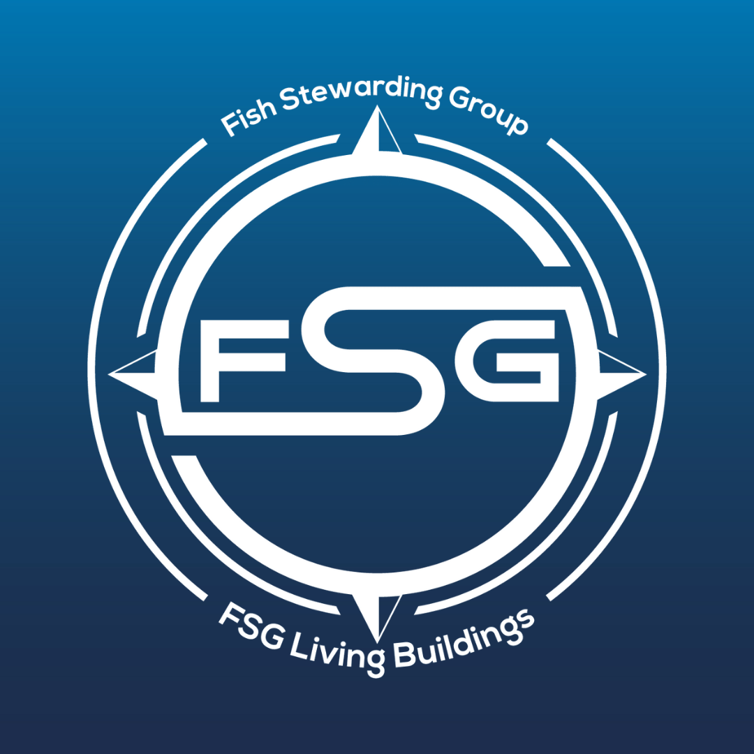 On the back of a blue gradient color that goes from a dark blue on he bottom to a lighter blue on top. In the middle is the FSG logo in gray. The logo has the letters FSG in the middle with a circle with four pointed arrows facing north, south, east and west with the S connected to that circle. Four rounded lines make the next circle of the circle and the last layer is a thin circle with the text on the Bottom that reads FSG Living Buildings and on top, the text reads Fish Stewarding Group.