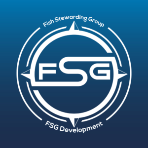 On the back of a blue gradient color that goes from a dark blue on he bottom to a lighter blue on top. In the middle is the FSG logo in gray. The logo has the letters FSG in the middle with a circle with four pointed arrows facing north, south, east and west with the S connected to that circle. Four rounded lines make the next circle of the circle and the last layer is a thin circle with the text on the Bottom that reads FSG Development and on top, the text reads Fish Stewarding Group.